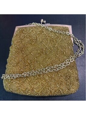 Women's vintage Walborg hand beaded in Hong Kong Gold Beaded purse 6 x 5.5”
